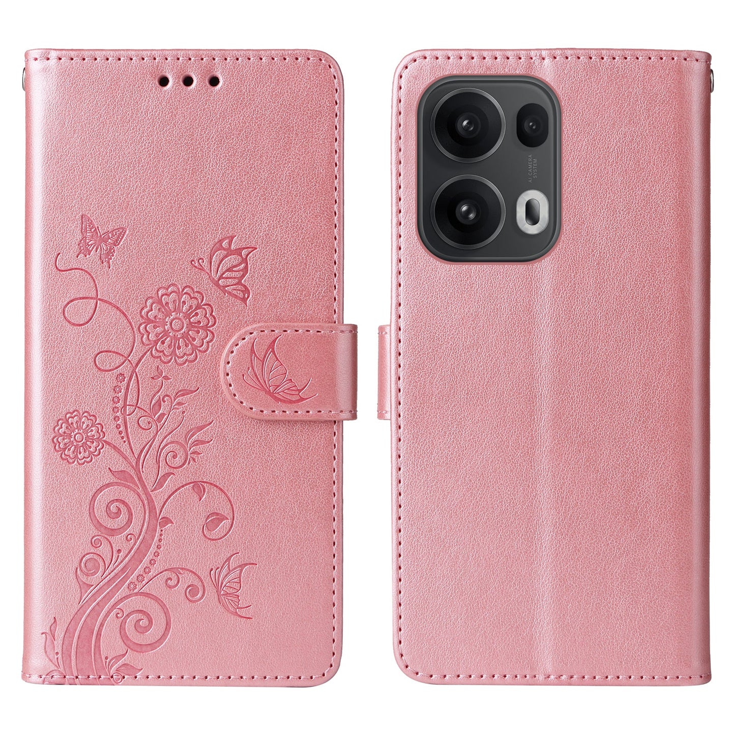 For Oppo Reno13 Pro 5G / Oppo Reno14 Pro 5G (China) / Oppo Reno14 Pro 5G (Global) Leather Case Butterfly Floral Imprint Wallet Stand Cover - Pink