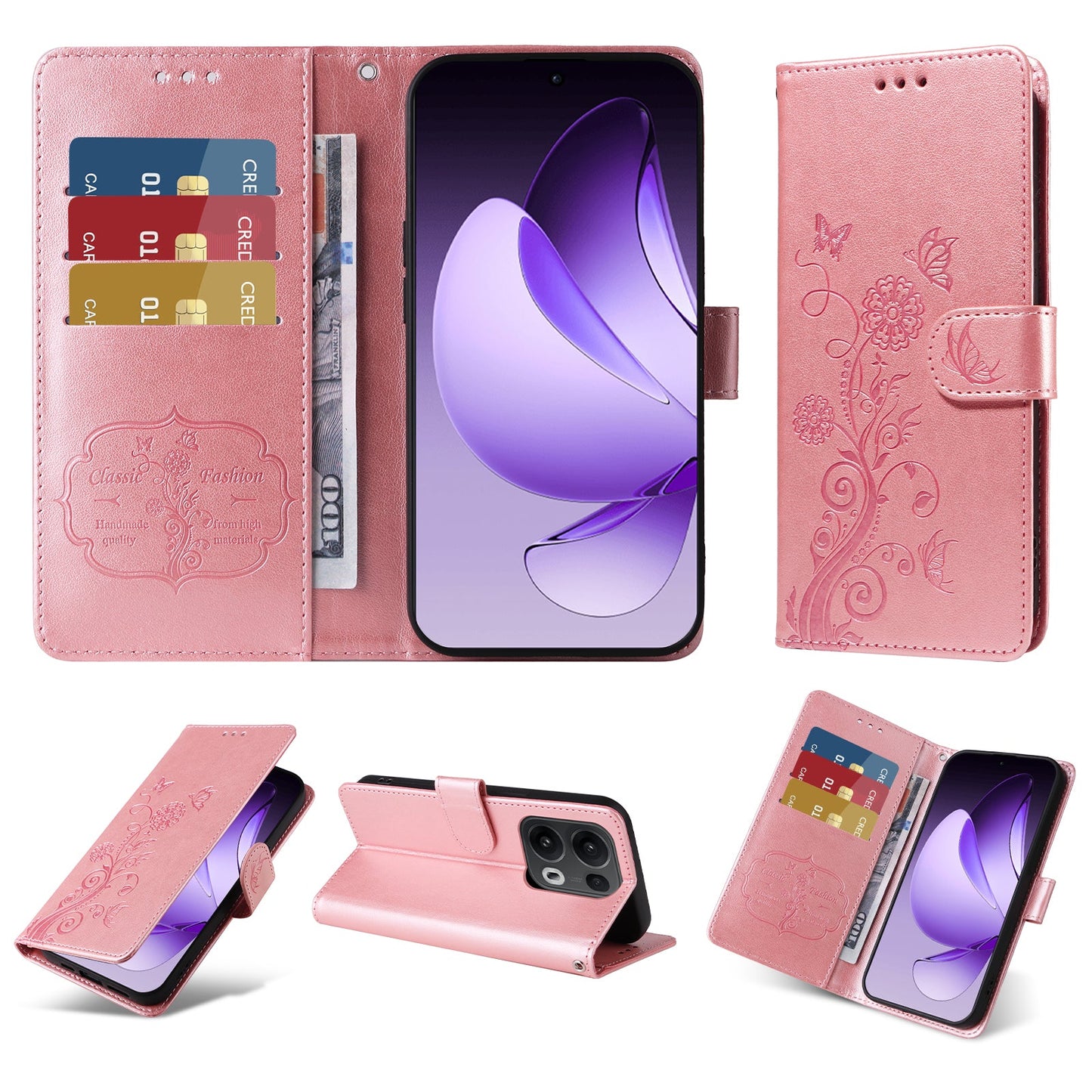 For Oppo Reno13 Pro 5G / Oppo Reno14 Pro 5G (China) / Oppo Reno14 Pro 5G (Global) Leather Case Butterfly Floral Imprint Wallet Stand Cover - Pink