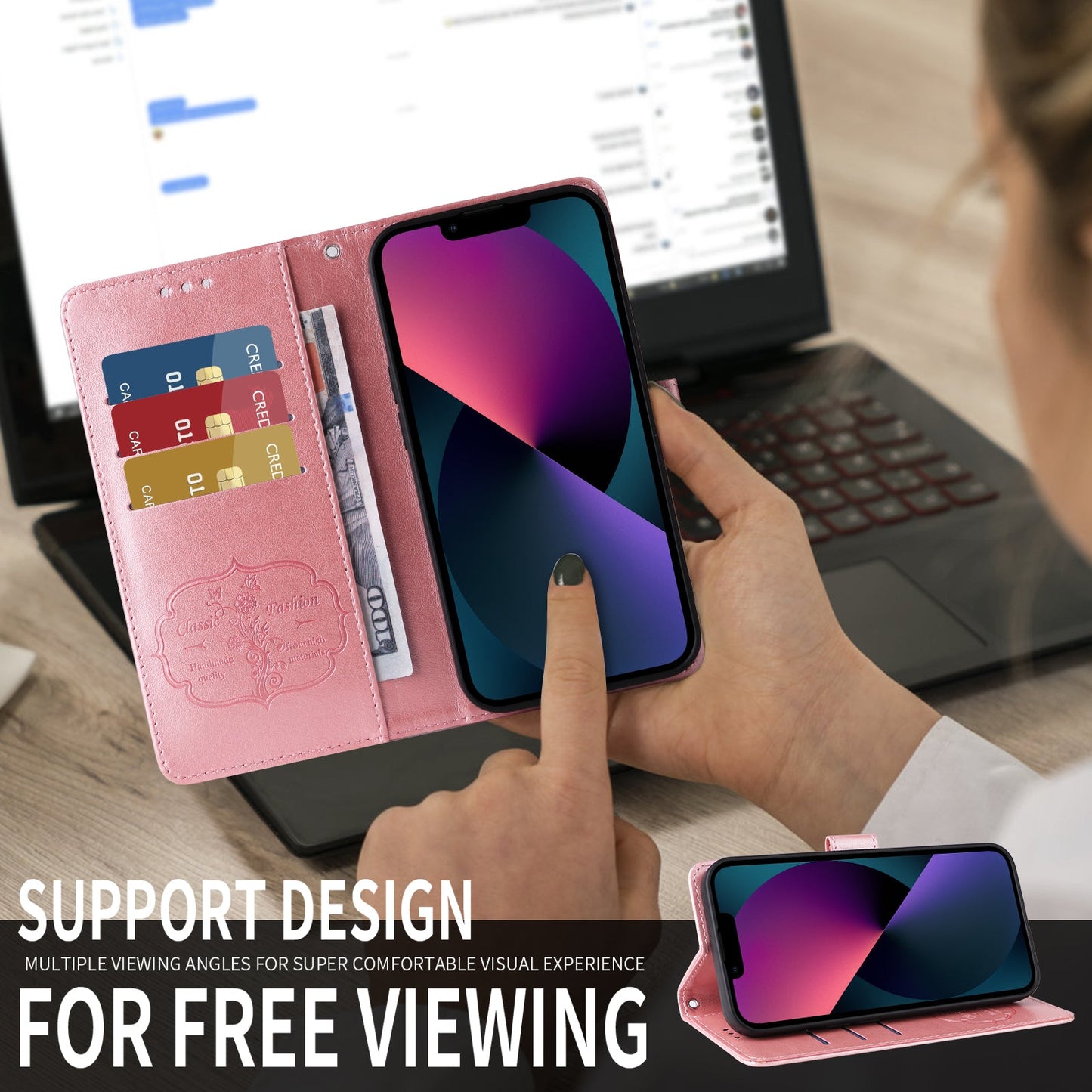 For Oppo Reno13 Pro 5G / Oppo Reno14 Pro 5G (China) / Oppo Reno14 Pro 5G (Global) Leather Case Butterfly Floral Imprint Wallet Stand Cover - Pink