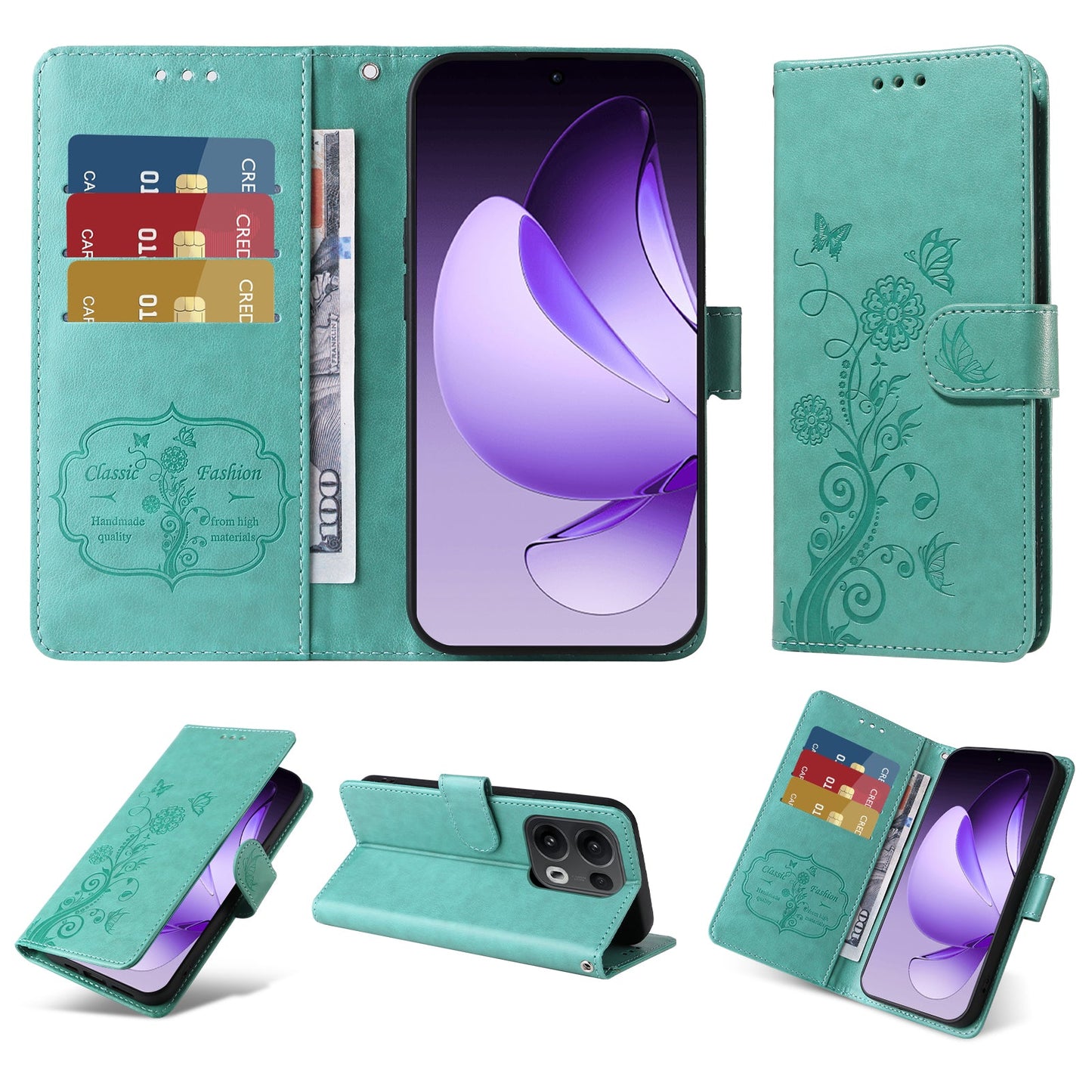 For Oppo Reno13 Pro 5G / Oppo Reno14 Pro 5G (China) / Oppo Reno14 Pro 5G (Global) Leather Case Butterfly Floral Imprint Wallet Stand Cover - Green