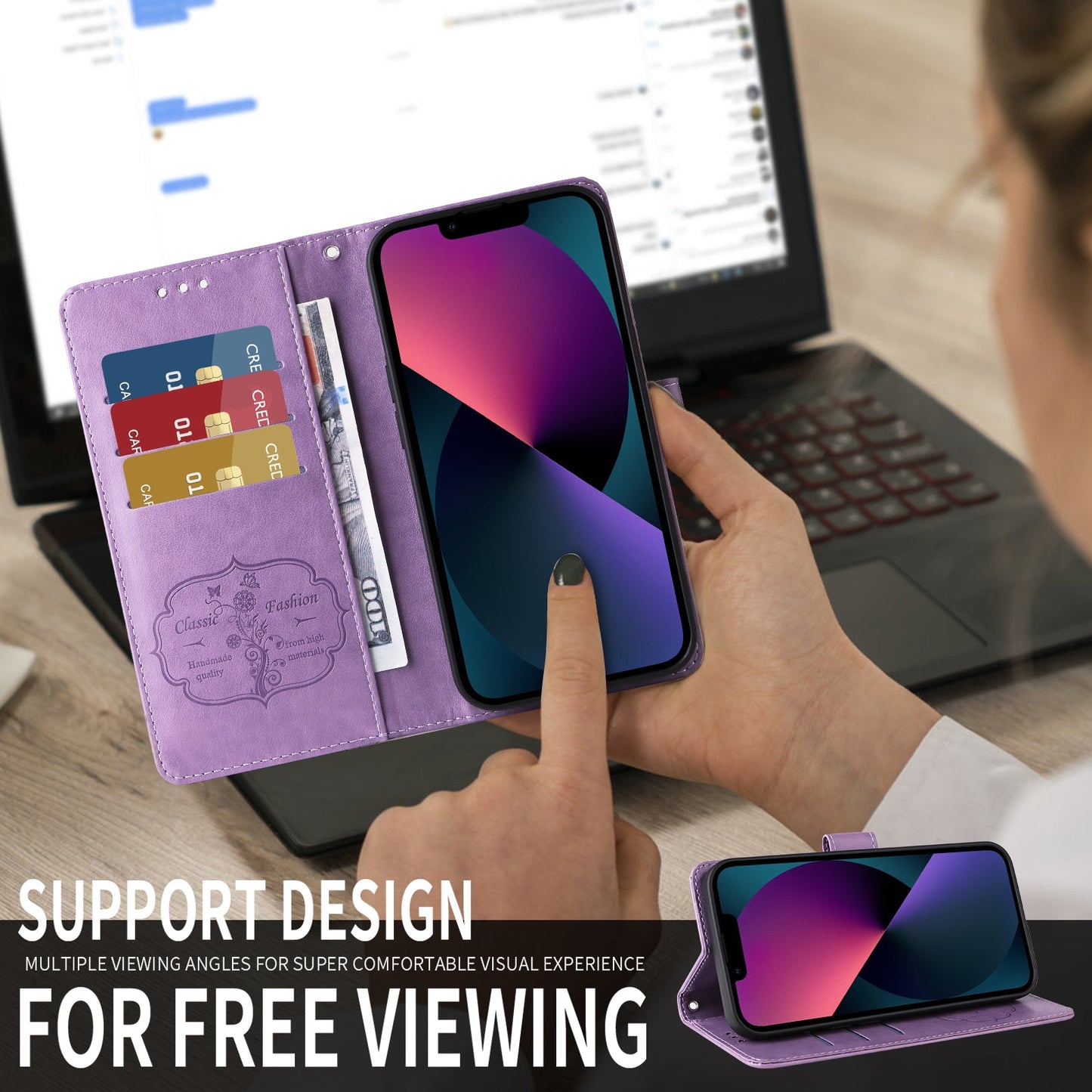 For Oppo Reno13 Pro 5G / Oppo Reno14 Pro 5G (China) / Oppo Reno14 Pro 5G (Global) Leather Case Butterfly Floral Imprint Wallet Stand Cover - Purple