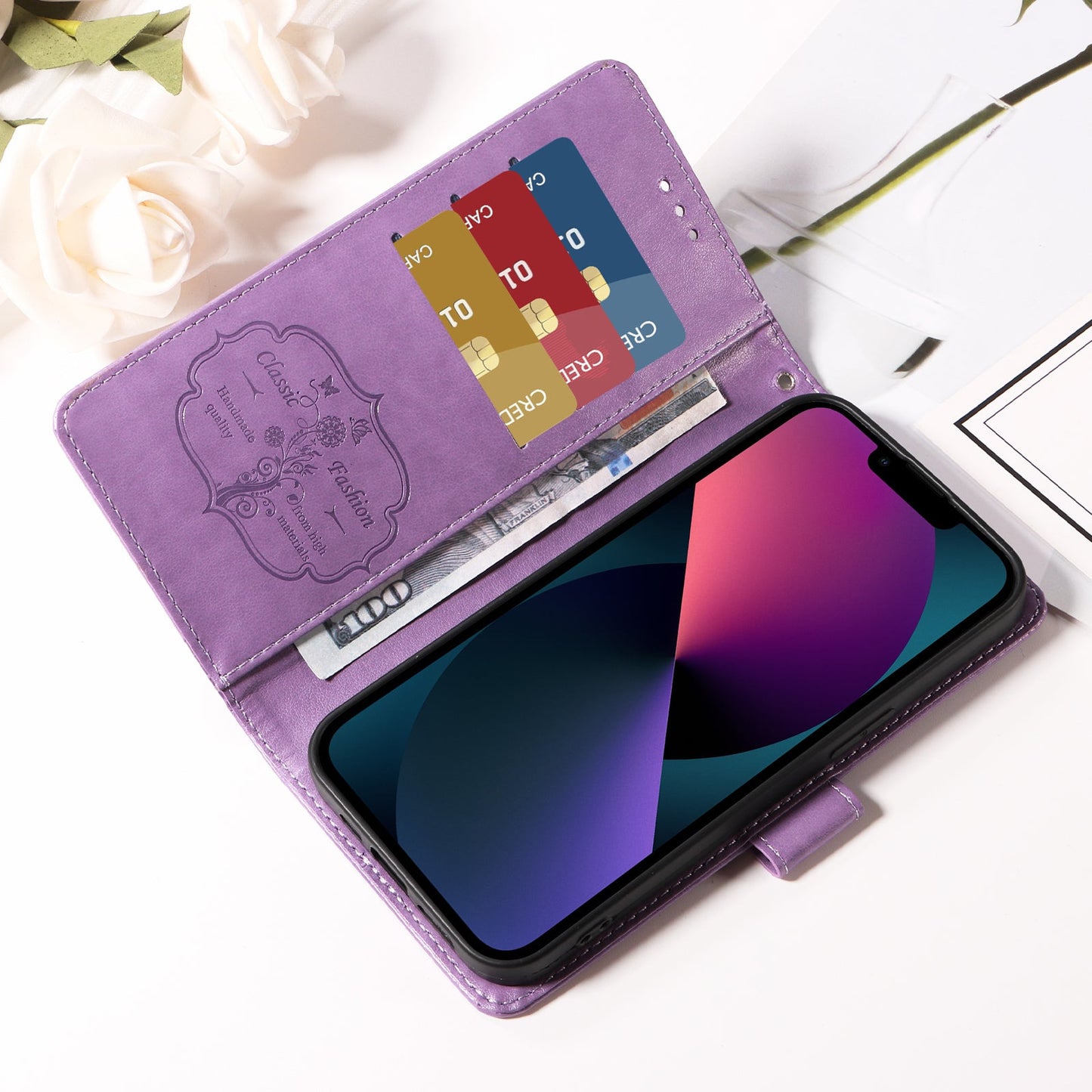 For Oppo Reno13 Pro 5G / Oppo Reno14 Pro 5G (China) / Oppo Reno14 Pro 5G (Global) Leather Case Butterfly Floral Imprint Wallet Stand Cover - Purple