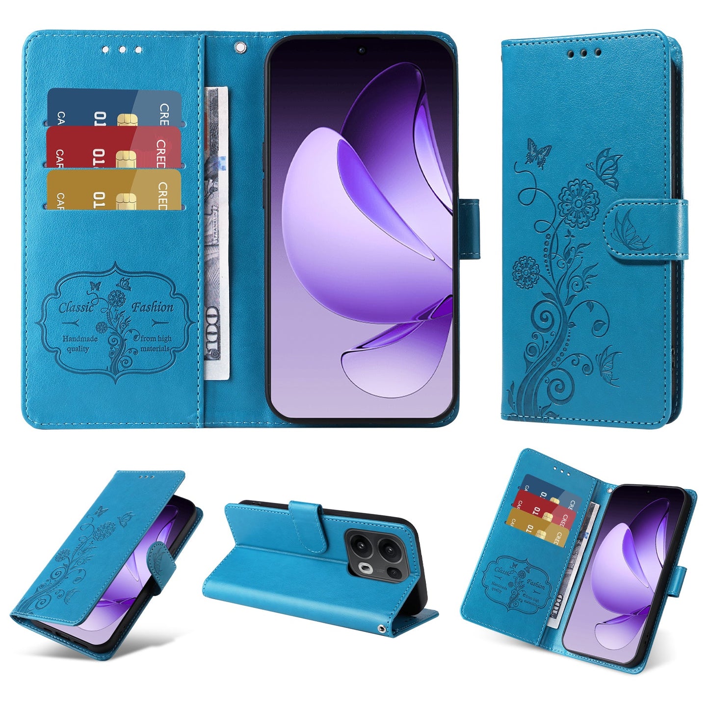 For Oppo Reno13 Pro 5G / Oppo Reno14 Pro 5G (China) / Oppo Reno14 Pro 5G (Global) Leather Case Butterfly Floral Imprint Wallet Stand Cover - Blue