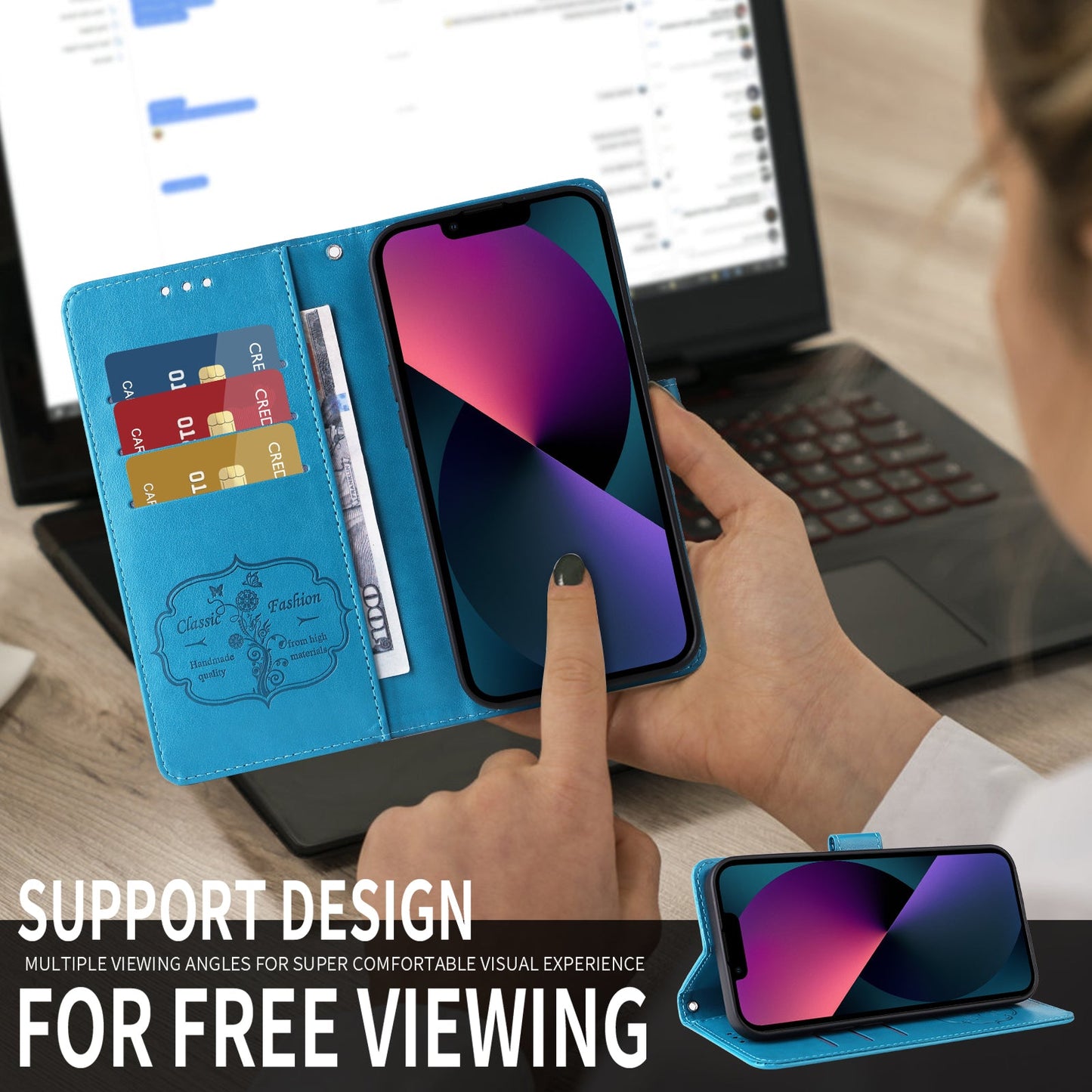 For Oppo Reno13 Pro 5G / Oppo Reno14 Pro 5G (China) / Oppo Reno14 Pro 5G (Global) Leather Case Butterfly Floral Imprint Wallet Stand Cover - Blue