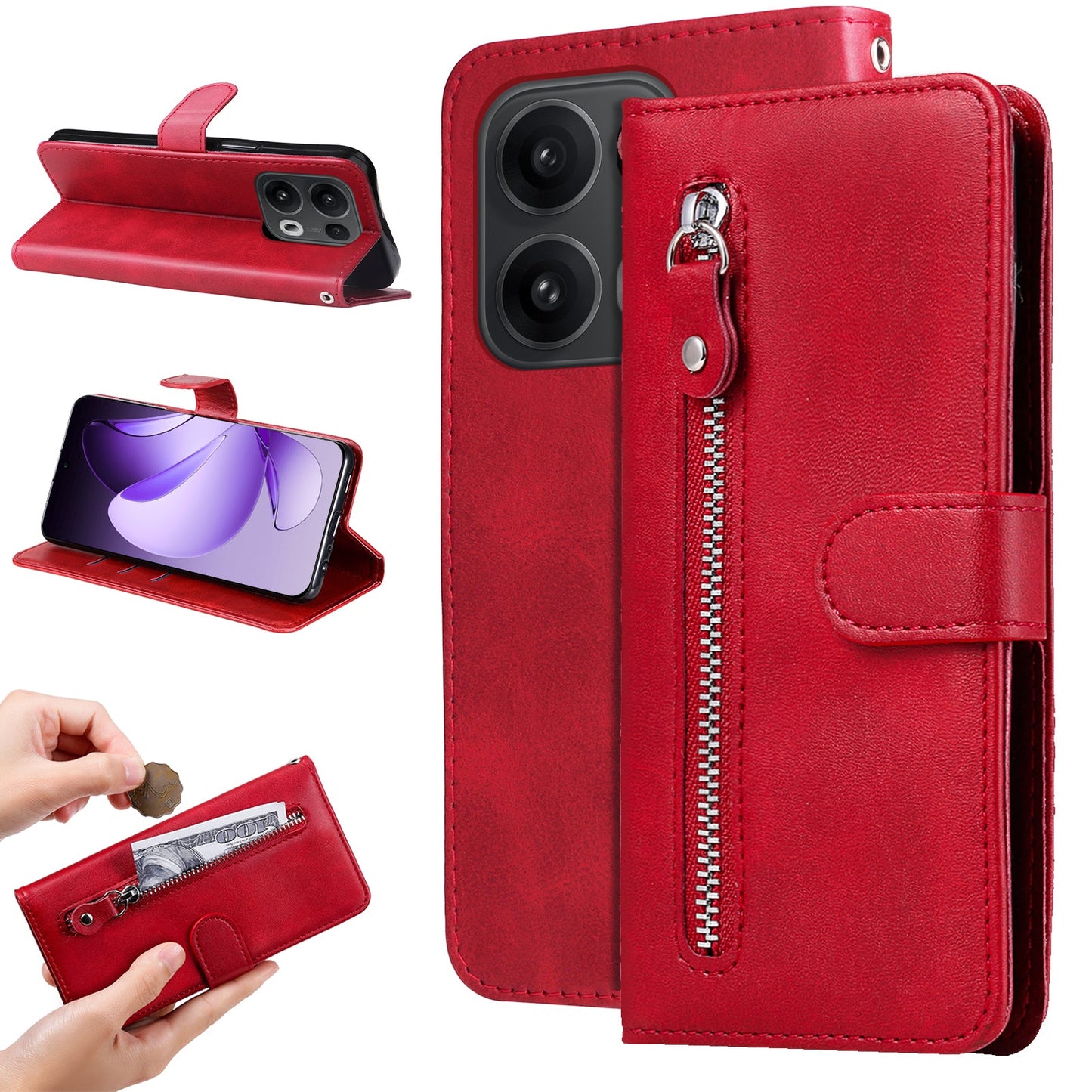 For Oppo Reno14 Pro 5G (China) / Oppo Reno13 Pro 5G / Oppo Reno14 Pro 5G (Global) PU Leather Cases with Zipper Pocket Wallet Phone Cover Stand - Red