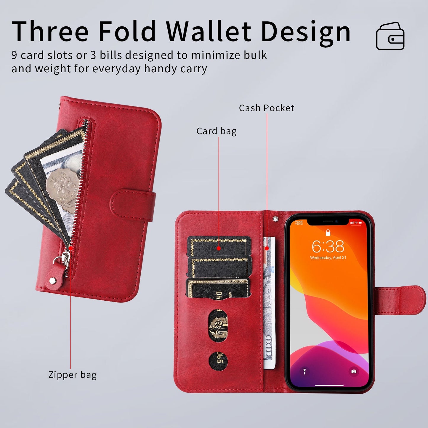 For Oppo Reno14 Pro 5G (China) / Oppo Reno13 Pro 5G / Oppo Reno14 Pro 5G (Global) PU Leather Cases with Zipper Pocket Wallet Phone Cover Stand - Red