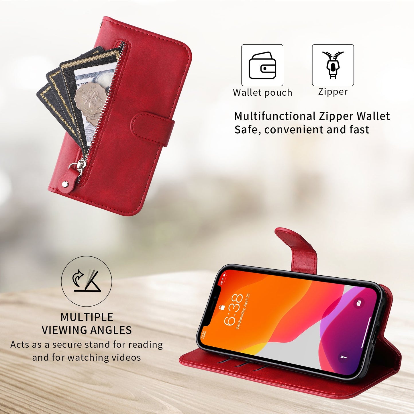 For Oppo Reno14 Pro 5G (China) / Oppo Reno13 Pro 5G / Oppo Reno14 Pro 5G (Global) PU Leather Cases with Zipper Pocket Wallet Phone Cover Stand - Red