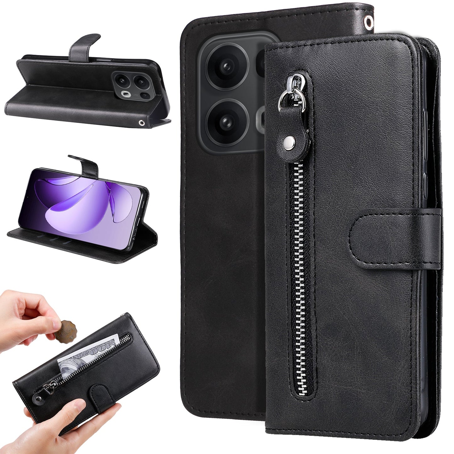 For Oppo Reno14 Pro 5G (China) / Oppo Reno13 Pro 5G / Oppo Reno14 Pro 5G (Global) PU Leather Cases with Zipper Pocket Wallet Phone Cover Stand - Black