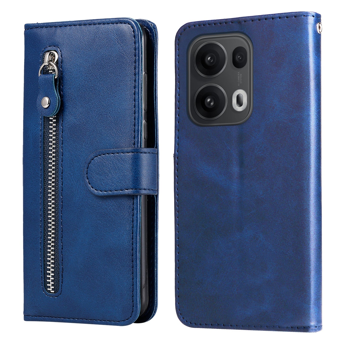 For Oppo Reno14 Pro 5G (China) / Oppo Reno13 Pro 5G / Oppo Reno14 Pro 5G (Global) PU Leather Cases with Zipper Pocket Wallet Phone Cover Stand - Blue