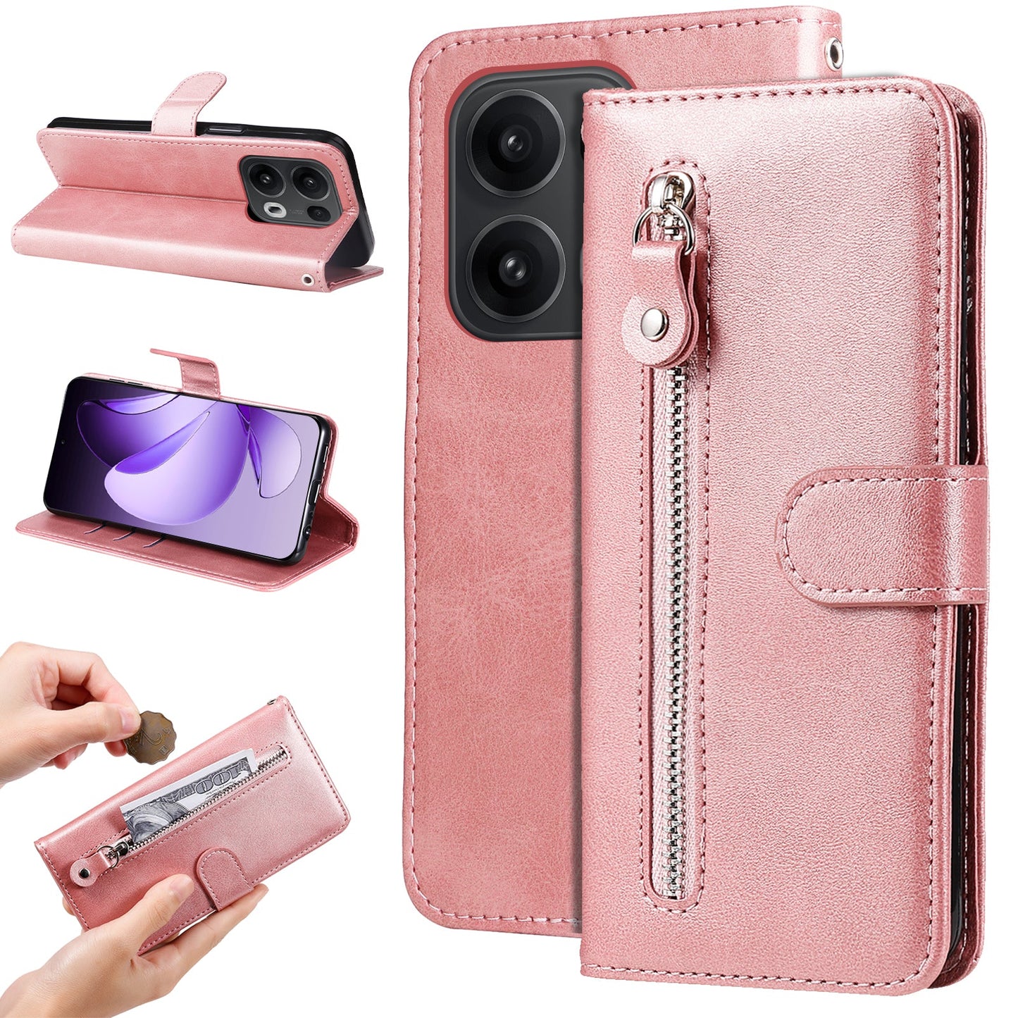 For Oppo Reno14 Pro 5G (China) / Oppo Reno13 Pro 5G / Oppo Reno14 Pro 5G (Global) PU Leather Cases with Zipper Pocket Wallet Phone Cover Stand - Pink