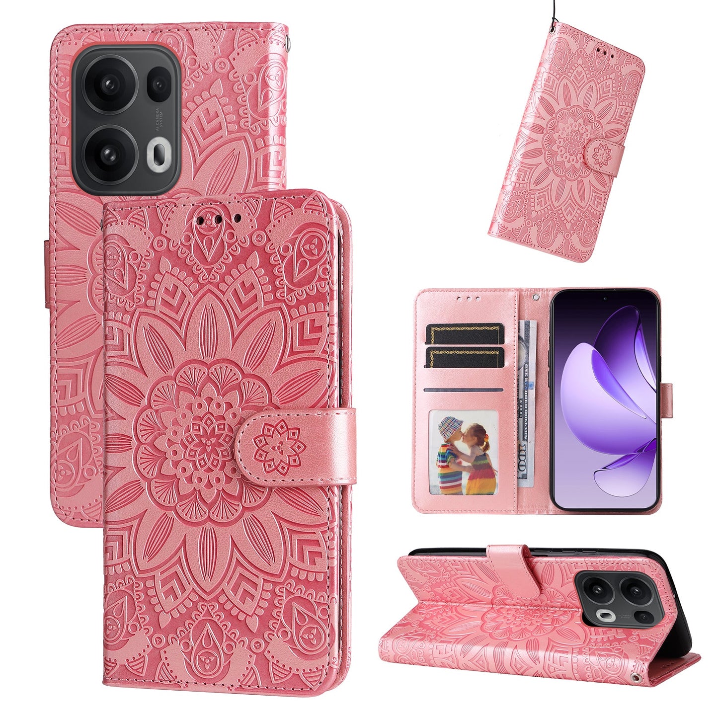 For Oppo Reno14 Pro 5G (China) / Oppo Reno13 Pro 5G / Oppo Reno14 Pro 5G (Global) Case Sunflower Imprint Leather Wallet Phone Cover - Pink