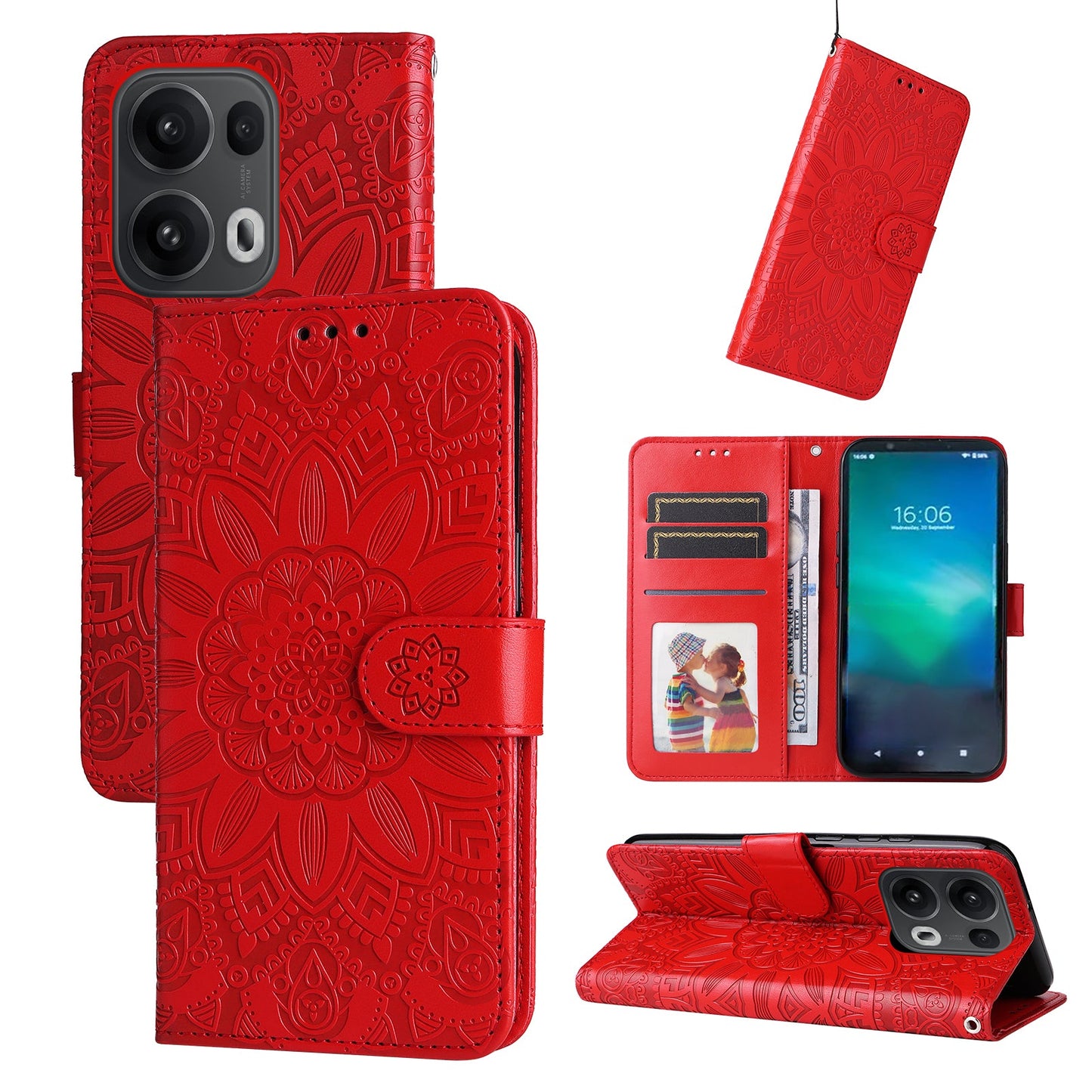 For Oppo Reno14 Pro 5G (China) / Oppo Reno13 Pro 5G / Oppo Reno14 Pro 5G (Global) Case Sunflower Imprint Leather Wallet Phone Cover - Red
