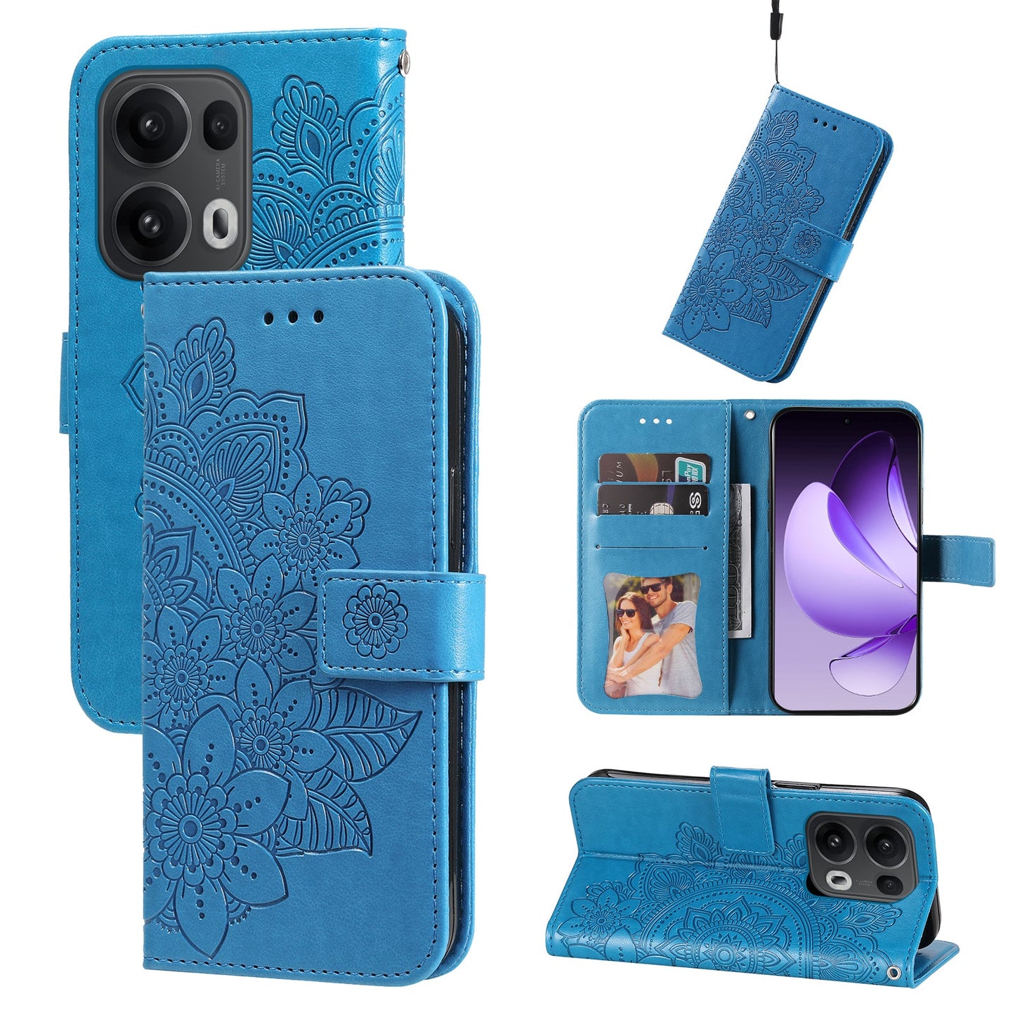 For Oppo Reno14 Pro 5G (China) / Oppo Reno13 Pro 5G / Oppo Reno14 Pro 5G (Global) Case Floral Pattern PU Leather Wallet Stand Phone Cover - Blue