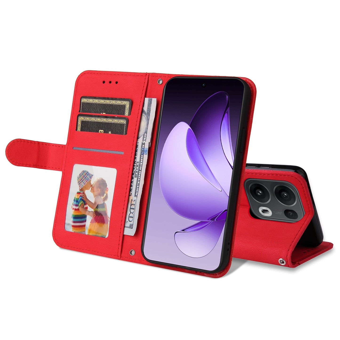 For Oppo Reno14 Pro 5G (China) / Oppo Reno13 Pro 5G / Oppo Reno14 Pro 5G (Global) Leather Wallet Cases Skin Touch Phone Cover Stand with Strap - Red