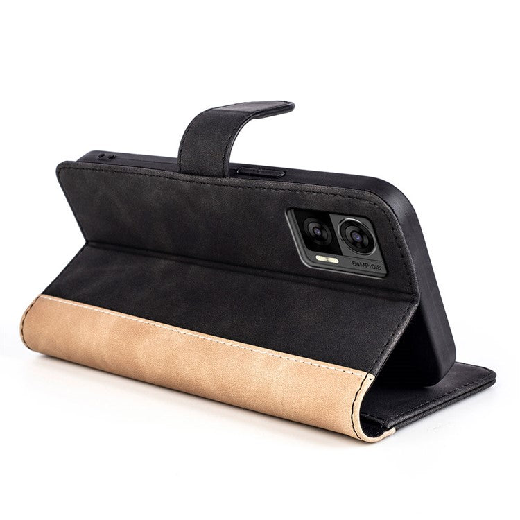 For Motorola Edge 30 Neo 5G Color Splicing PU Leather Shockproof Stand Wallet Case Magnetic Clasp Protective Cover - Black