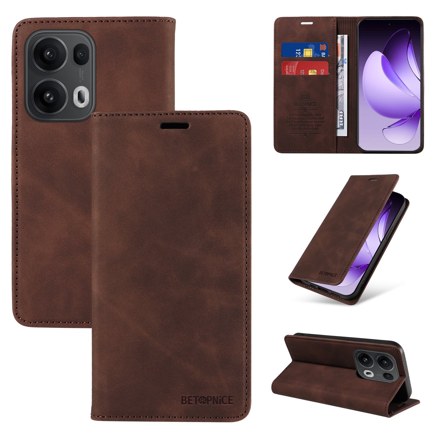 For Oppo Reno14 Pro 5G (China) / Oppo Reno13 Pro 5G / Oppo Reno14 Pro 5G (Global) Case BETOPNICE Magnetic Closure RFID Blocking Wallet Stand Leather Phone Cover - Brown