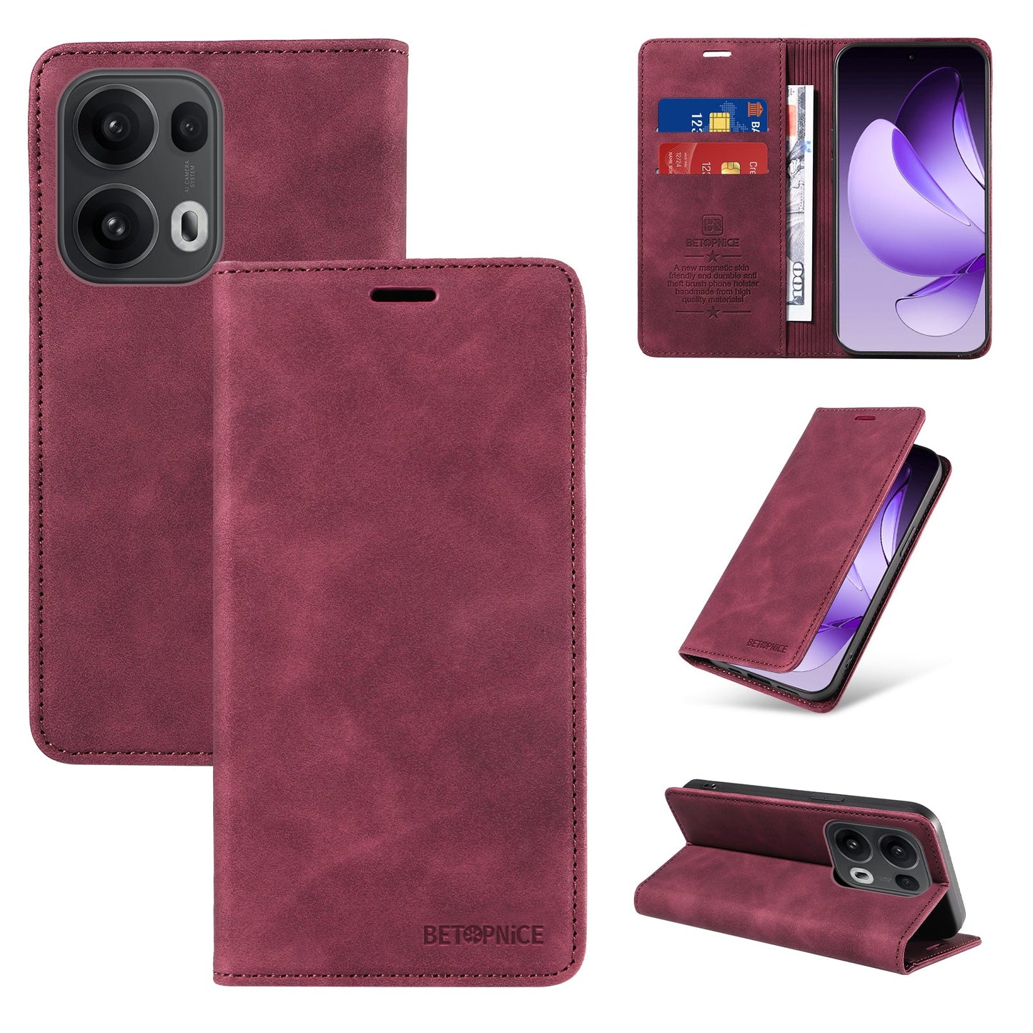 For Oppo Reno14 Pro 5G (China) / Oppo Reno13 Pro 5G / Oppo Reno14 Pro 5G (Global) Case BETOPNICE Magnetic Closure RFID Blocking Wallet Stand Leather Phone Cover - Red