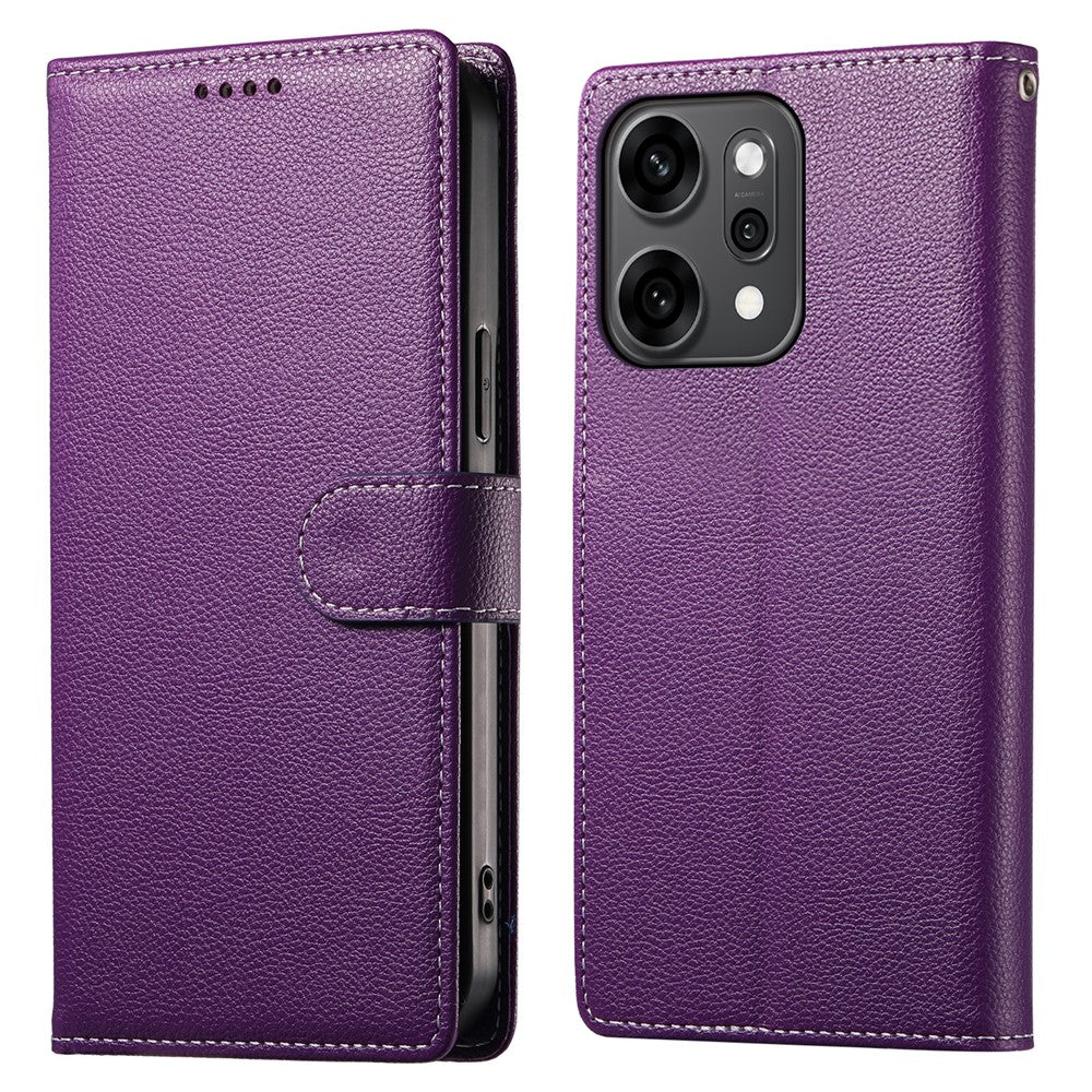 For Oppo Reno14 Pro 5G (Global) Case Magnetic Snap Litchi Texture Leather Wallet Phone Cover with Wrist Strap - Purple