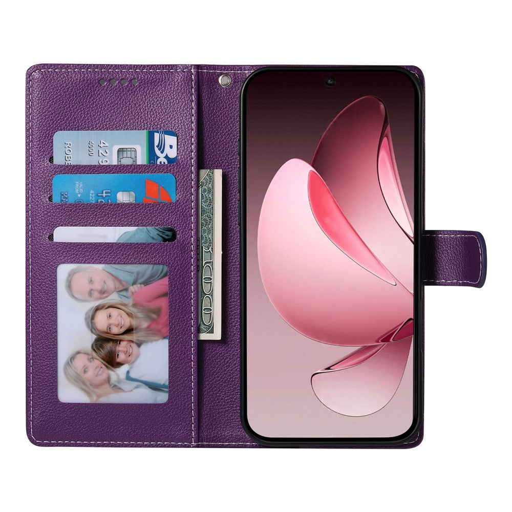 For Oppo Reno14 Pro 5G (Global) Case Magnetic Snap Litchi Texture Leather Wallet Phone Cover with Wrist Strap - Purple