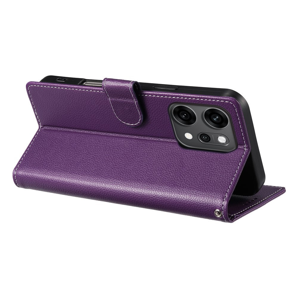 For Oppo Reno14 Pro 5G (Global) Case Magnetic Snap Litchi Texture Leather Wallet Phone Cover with Wrist Strap - Purple