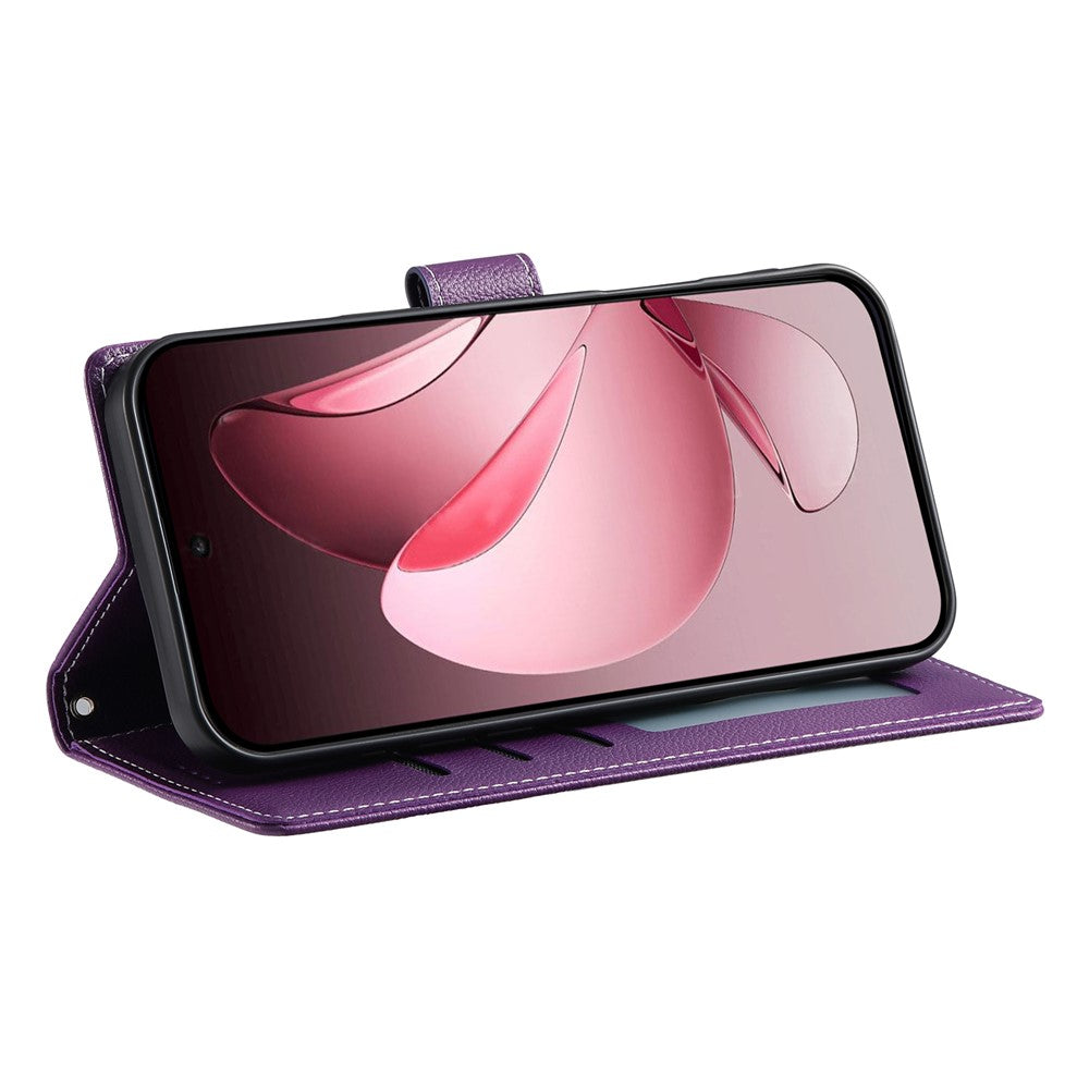 For Oppo Reno14 Pro 5G (Global) Case Magnetic Snap Litchi Texture Leather Wallet Phone Cover with Wrist Strap - Purple