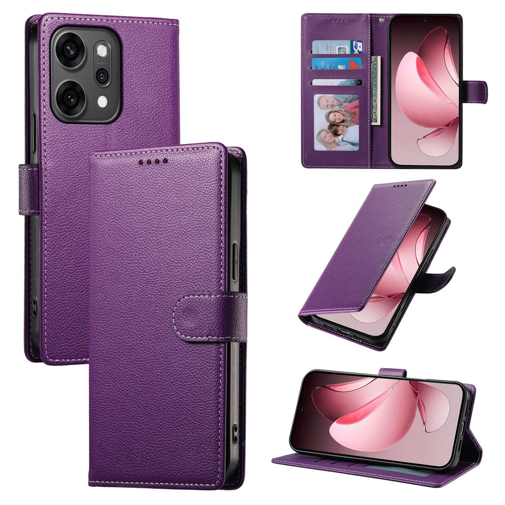 For Oppo Reno14 Pro 5G (Global) Case Magnetic Snap Litchi Texture Leather Wallet Phone Cover with Wrist Strap - Purple
