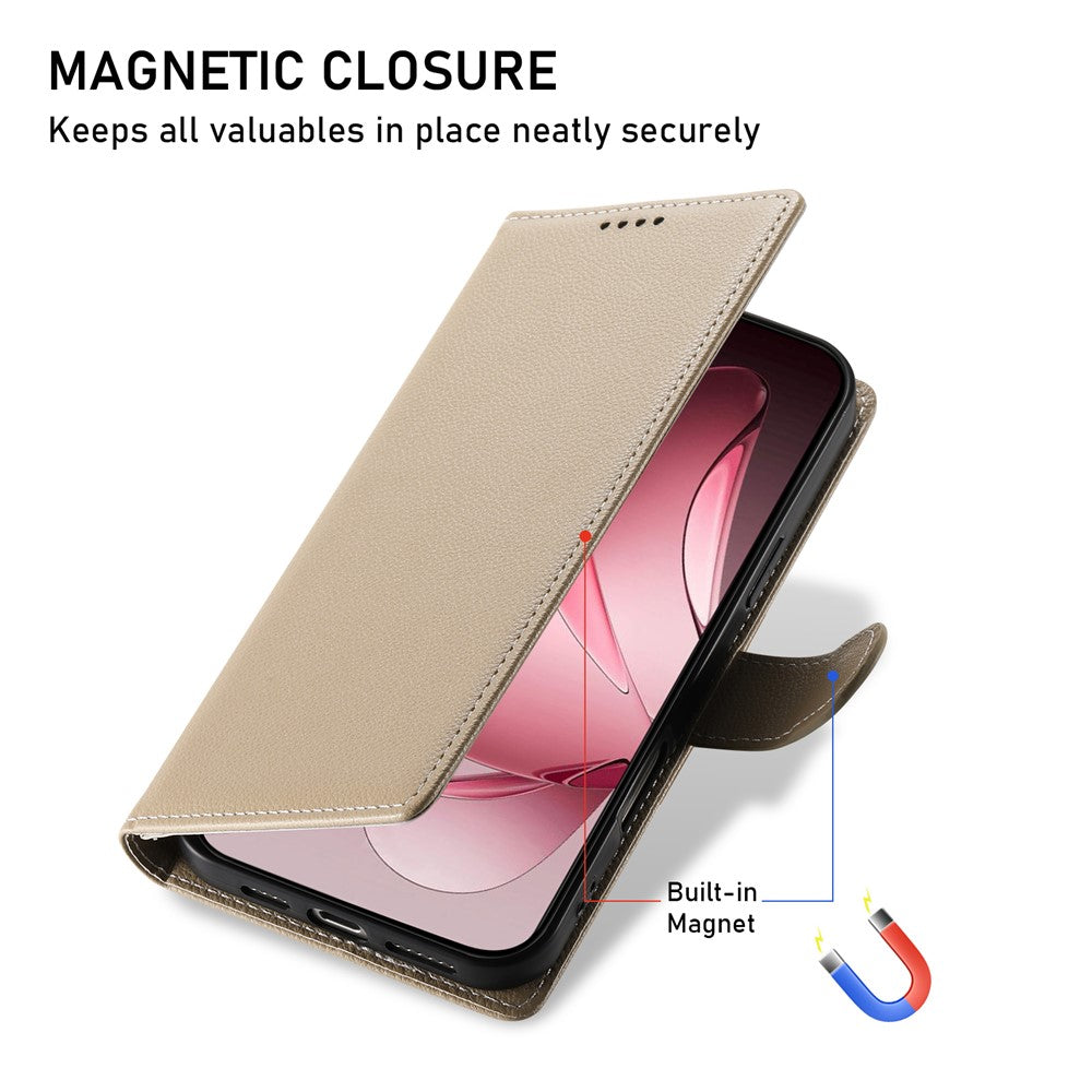 For Oppo Reno14 Pro 5G (Global) Case Magnetic Snap Litchi Texture Leather Wallet Phone Cover with Wrist Strap - Apricot