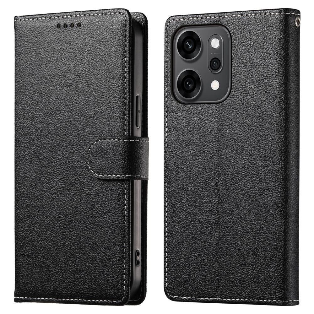 For Oppo Reno14 Pro 5G (Global) Case Magnetic Snap Litchi Texture Leather Wallet Phone Cover with Wrist Strap - Black