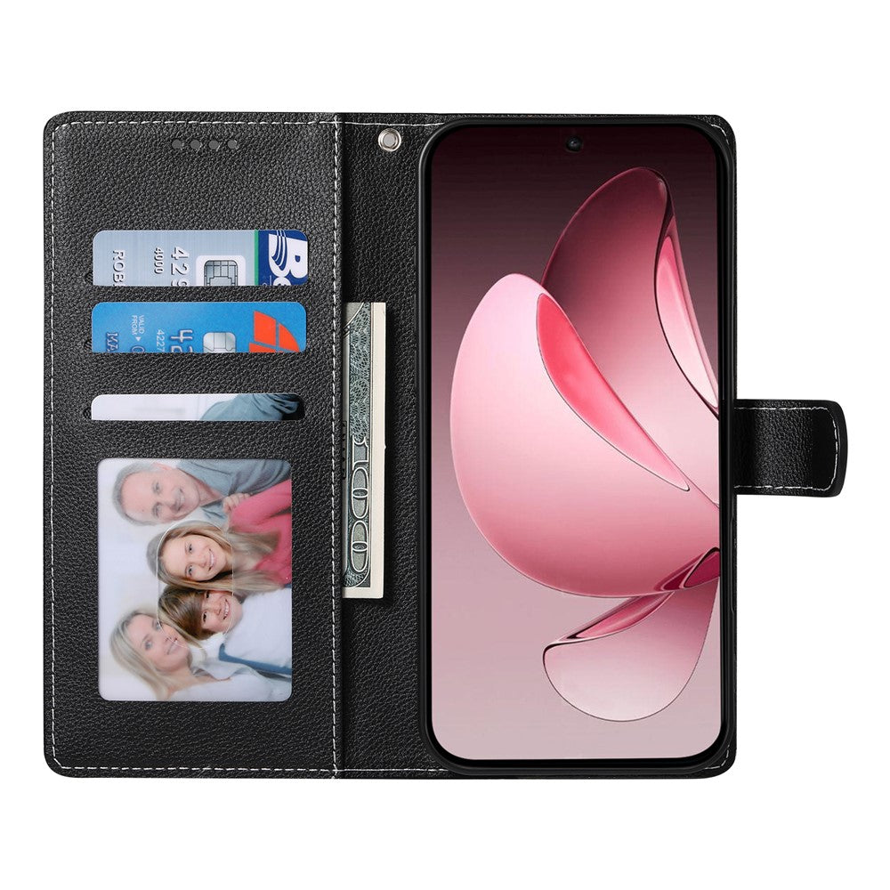 For Oppo Reno14 Pro 5G (Global) Case Magnetic Snap Litchi Texture Leather Wallet Phone Cover with Wrist Strap - Black