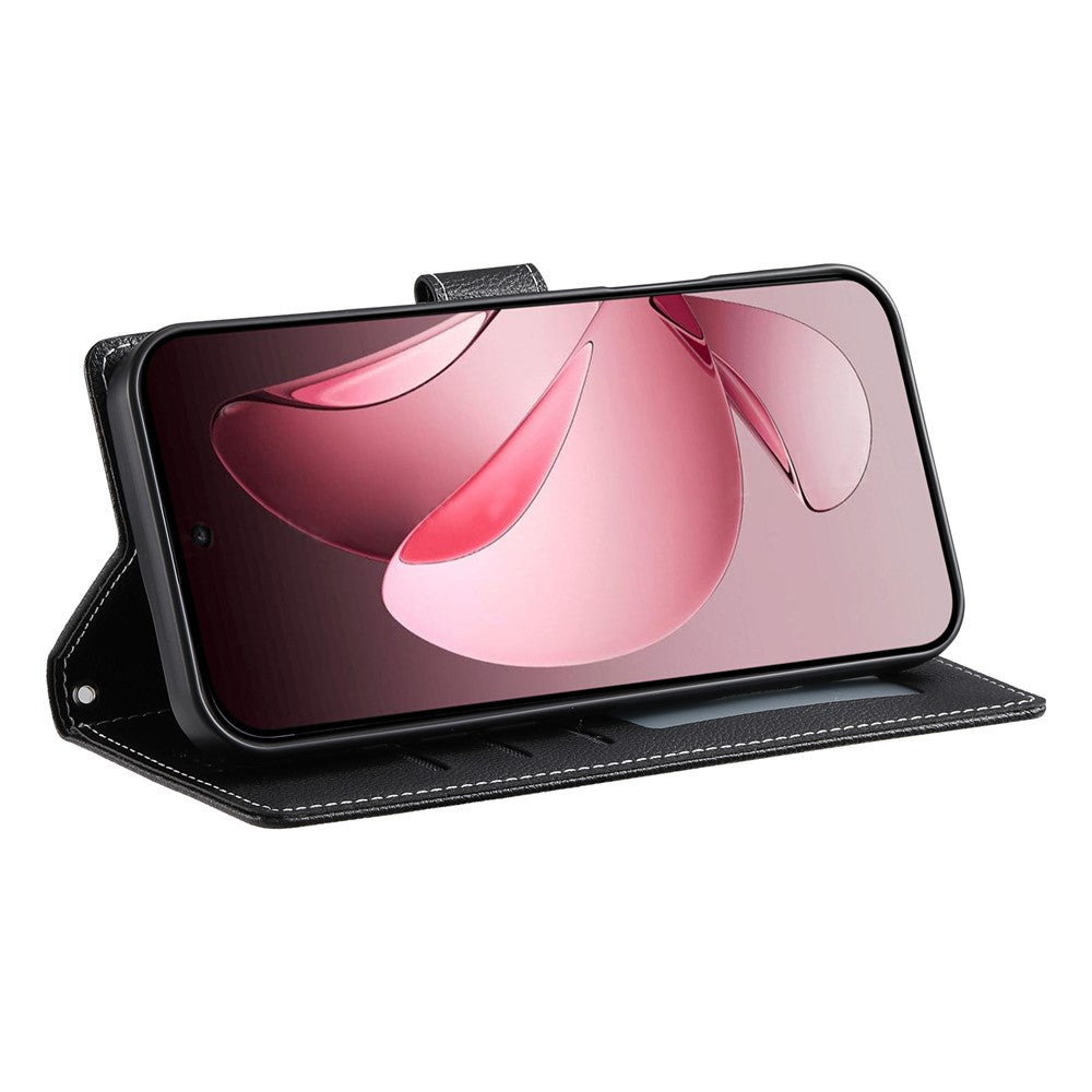 For Oppo Reno14 Pro 5G (Global) Case Magnetic Snap Litchi Texture Leather Wallet Phone Cover with Wrist Strap - Black