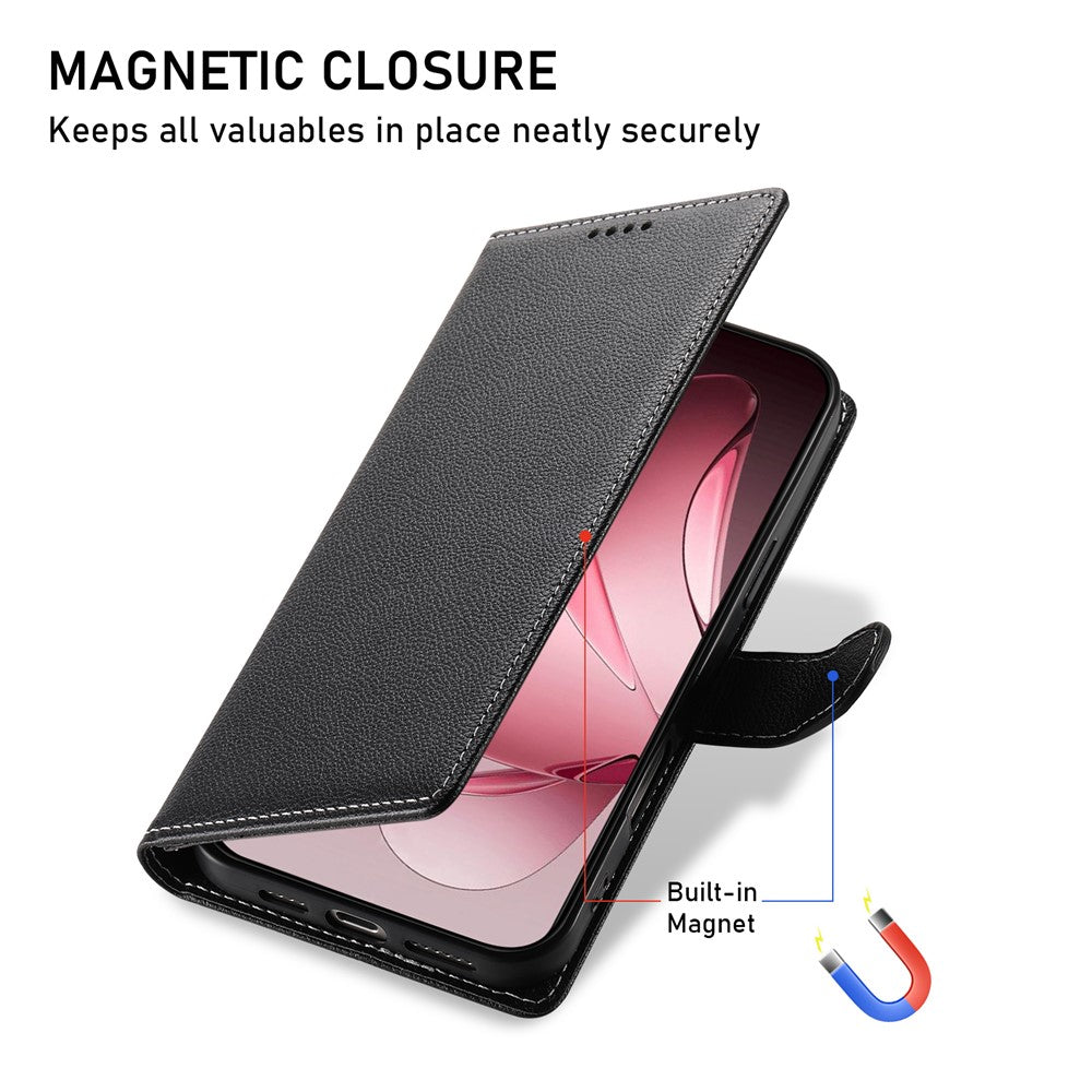 For Oppo Reno14 Pro 5G (Global) Case Magnetic Snap Litchi Texture Leather Wallet Phone Cover with Wrist Strap - Black