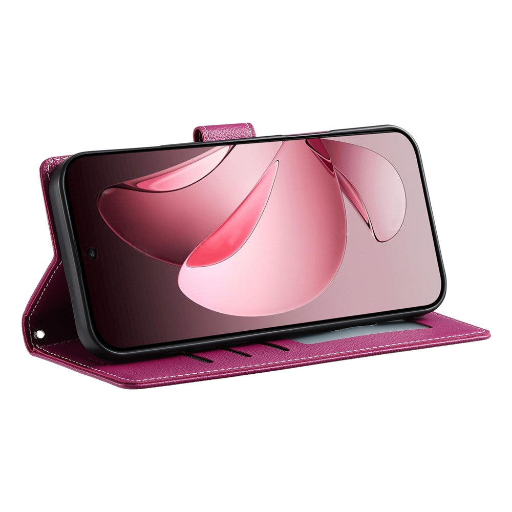 For Oppo Reno14 Pro 5G (Global) Case Magnetic Snap Litchi Texture Leather Wallet Phone Cover with Wrist Strap - Rose