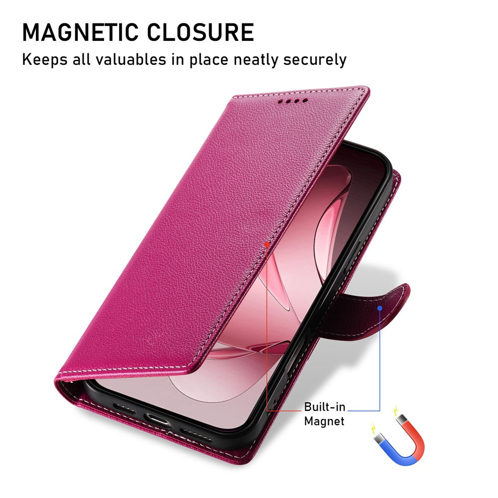 For Oppo Reno14 Pro 5G (Global) Case Magnetic Snap Litchi Texture Leather Wallet Phone Cover with Wrist Strap - Rose