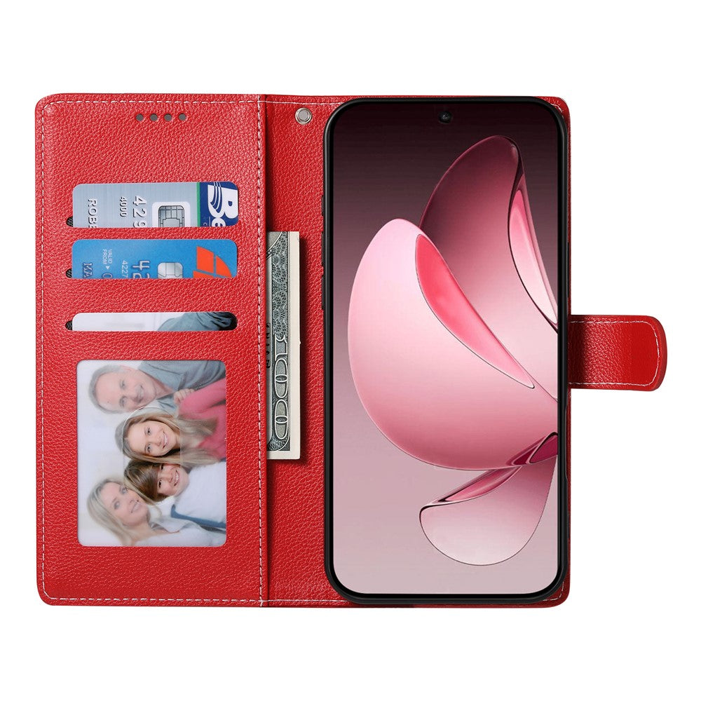 For Oppo Reno14 Pro 5G (Global) Case Magnetic Snap Litchi Texture Leather Wallet Phone Cover with Wrist Strap - Red