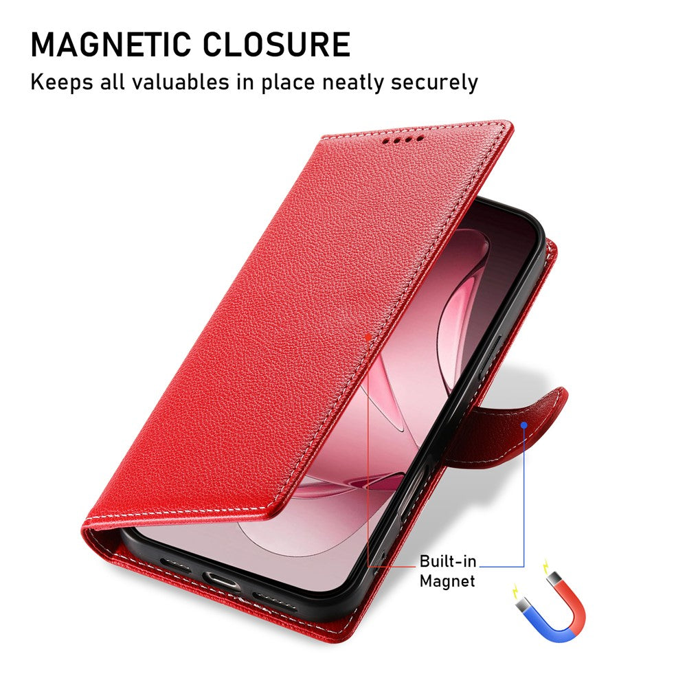 For Oppo Reno14 Pro 5G (Global) Case Magnetic Snap Litchi Texture Leather Wallet Phone Cover with Wrist Strap - Red