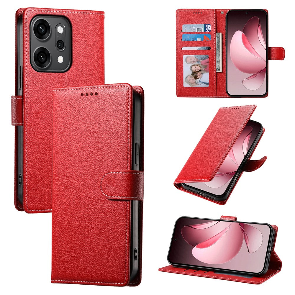 For Oppo Reno14 Pro 5G (Global) Case Magnetic Snap Litchi Texture Leather Wallet Phone Cover with Wrist Strap - Red