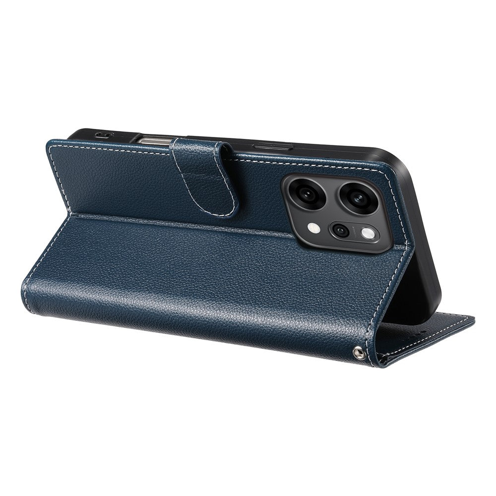 For Oppo Reno14 Pro 5G (Global) Case Magnetic Snap Litchi Texture Leather Wallet Phone Cover with Wrist Strap - Dark Blue