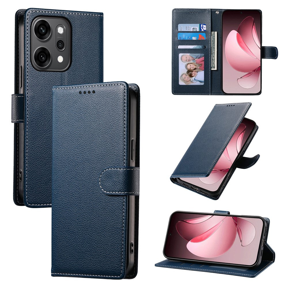 For Oppo Reno14 Pro 5G (Global) Case Magnetic Snap Litchi Texture Leather Wallet Phone Cover with Wrist Strap - Dark Blue