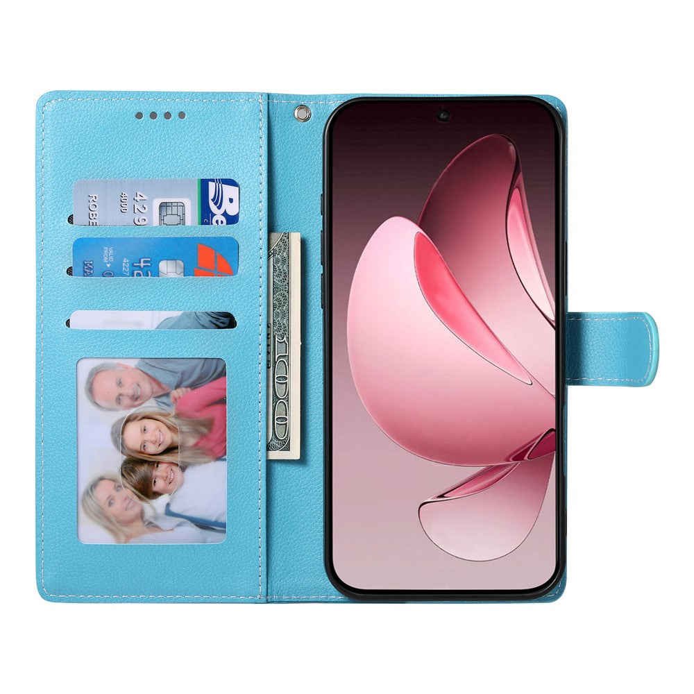 For Oppo Reno14 Pro 5G (Global) Case Magnetic Snap Litchi Texture Leather Wallet Phone Cover with Wrist Strap - Sky Blue