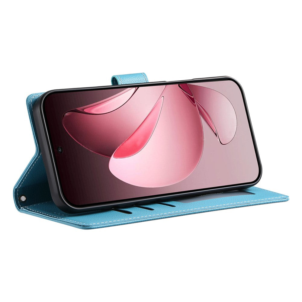 For Oppo Reno14 Pro 5G (Global) Case Magnetic Snap Litchi Texture Leather Wallet Phone Cover with Wrist Strap - Sky Blue