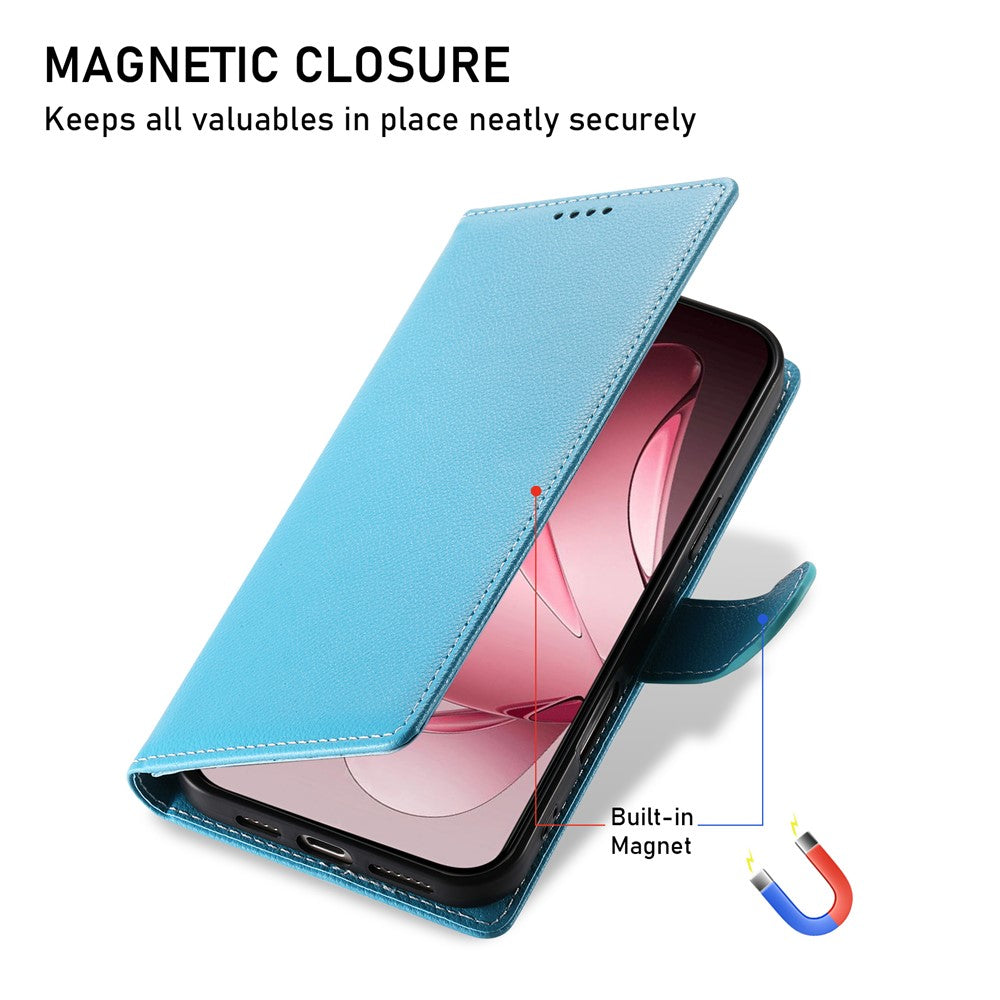 For Oppo Reno14 Pro 5G (Global) Case Magnetic Snap Litchi Texture Leather Wallet Phone Cover with Wrist Strap - Sky Blue