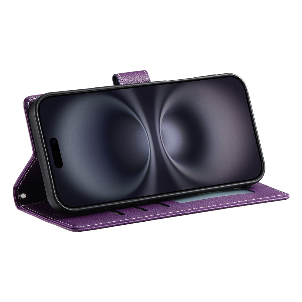 For iPhone 17 Pro Max Case Magnetic Snap Litchi Texture Leather Wallet Phone Cover with Wrist Strap - Purple