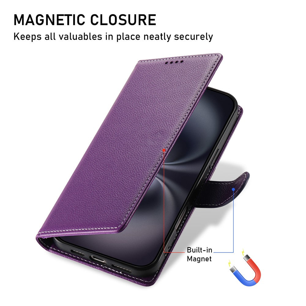 For iPhone 17 Pro Max Case Magnetic Snap Litchi Texture Leather Wallet Phone Cover with Wrist Strap - Purple
