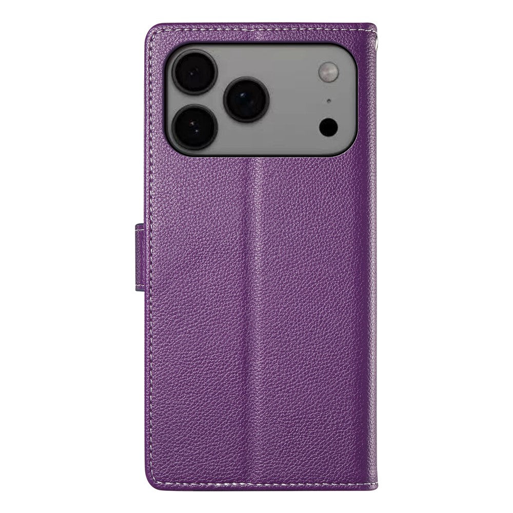 For iPhone 17 Pro Max Case Magnetic Snap Litchi Texture Leather Wallet Phone Cover with Wrist Strap - Purple