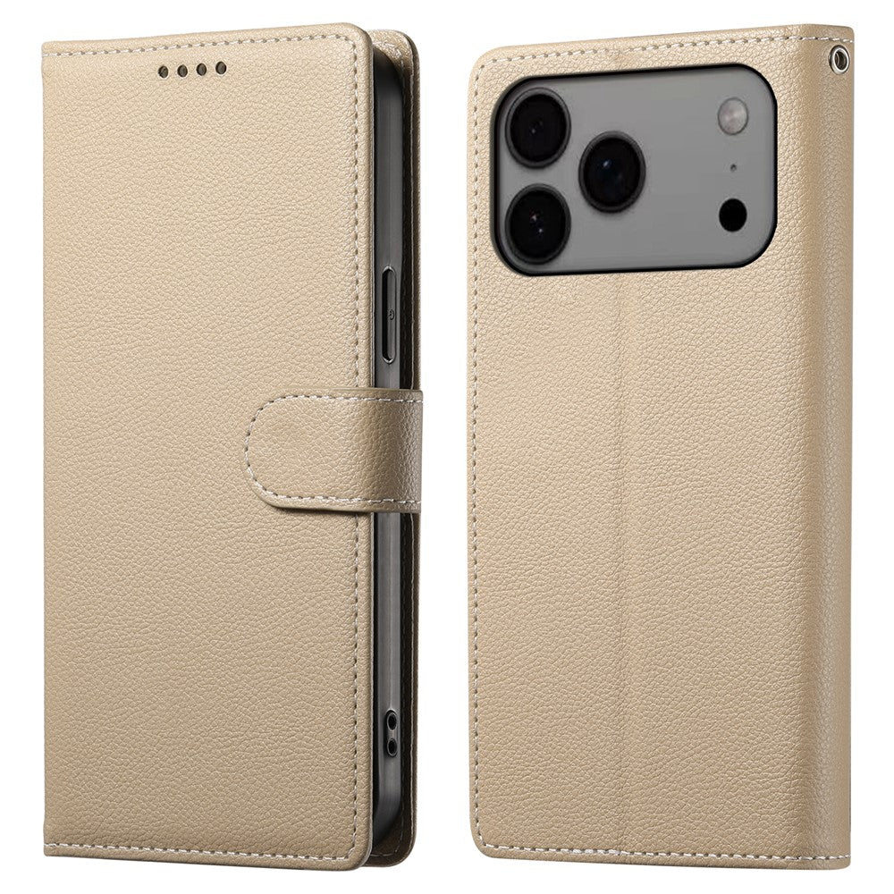 For iPhone 17 Pro Max Case Magnetic Snap Litchi Texture Leather Wallet Phone Cover with Wrist Strap - Apricot