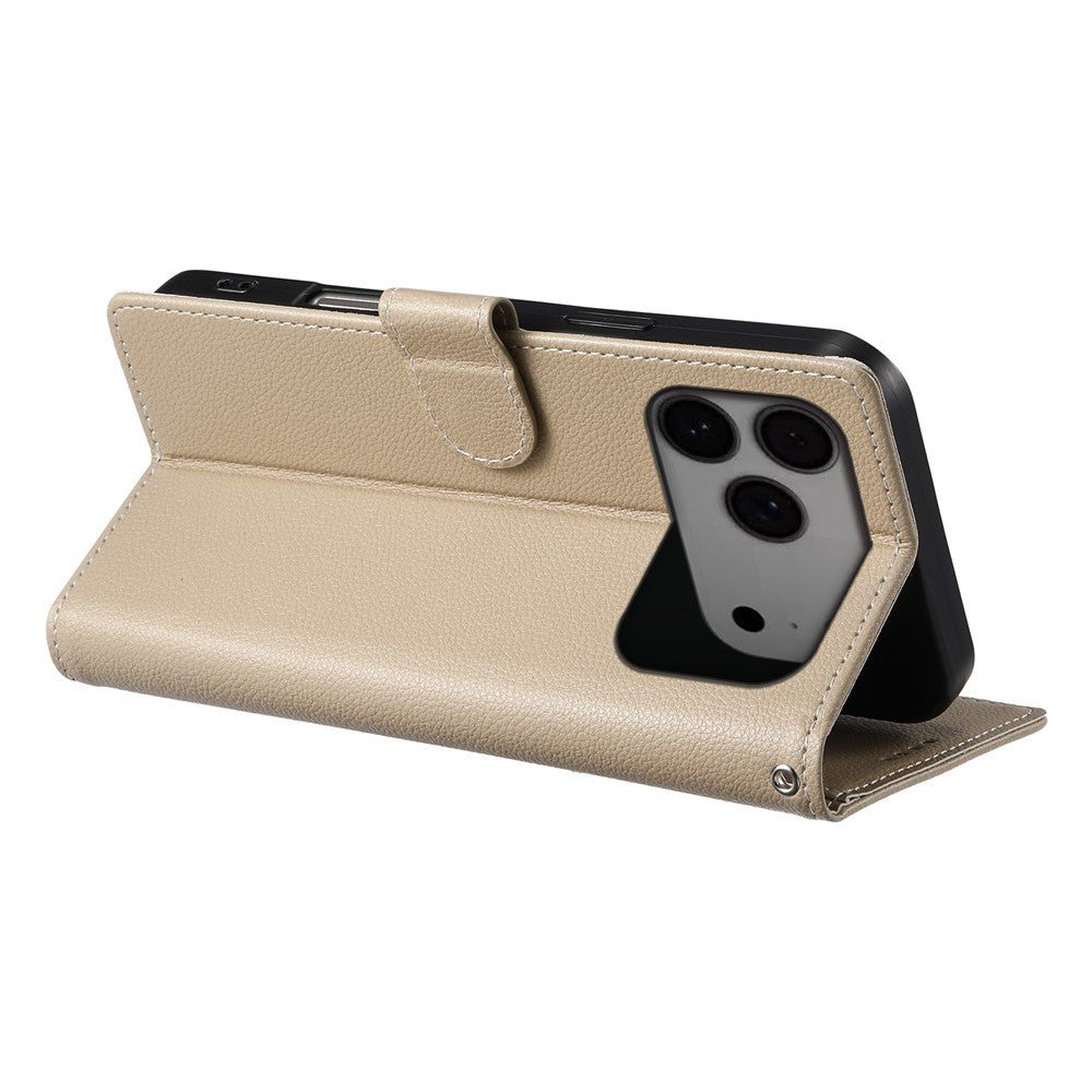 For iPhone 17 Pro Max Case Magnetic Snap Litchi Texture Leather Wallet Phone Cover with Wrist Strap - Apricot