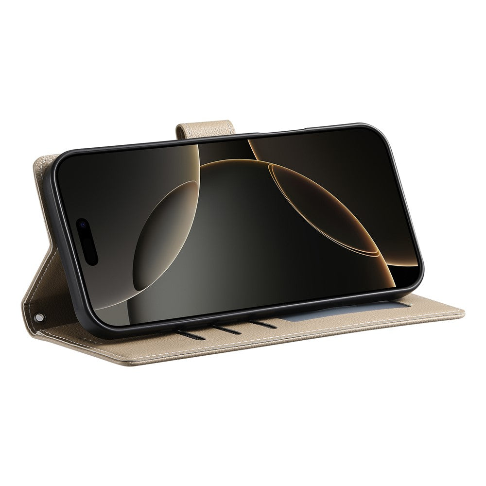 For iPhone 17 Pro Max Case Magnetic Snap Litchi Texture Leather Wallet Phone Cover with Wrist Strap - Apricot