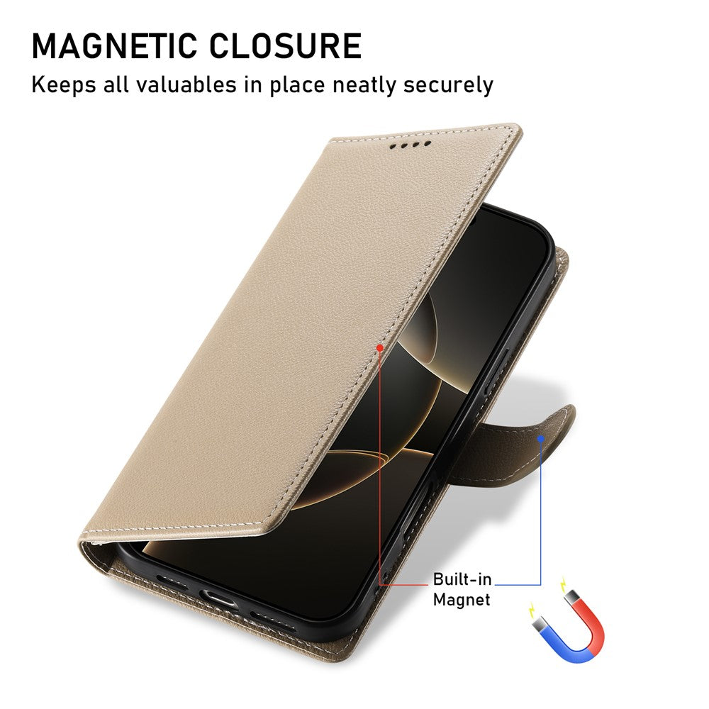 For iPhone 17 Pro Max Case Magnetic Snap Litchi Texture Leather Wallet Phone Cover with Wrist Strap - Apricot
