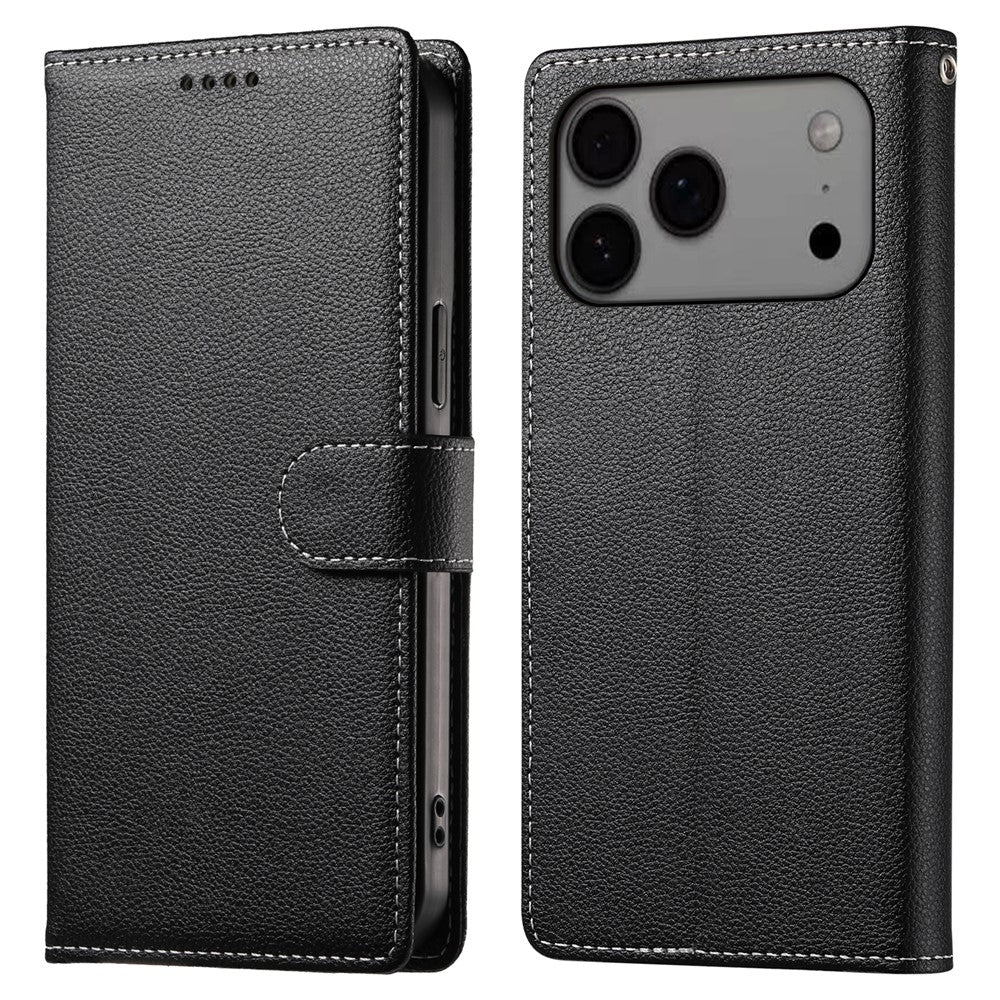 For iPhone 17 Pro Max Case Magnetic Snap Litchi Texture Leather Wallet Phone Cover with Wrist Strap - Black