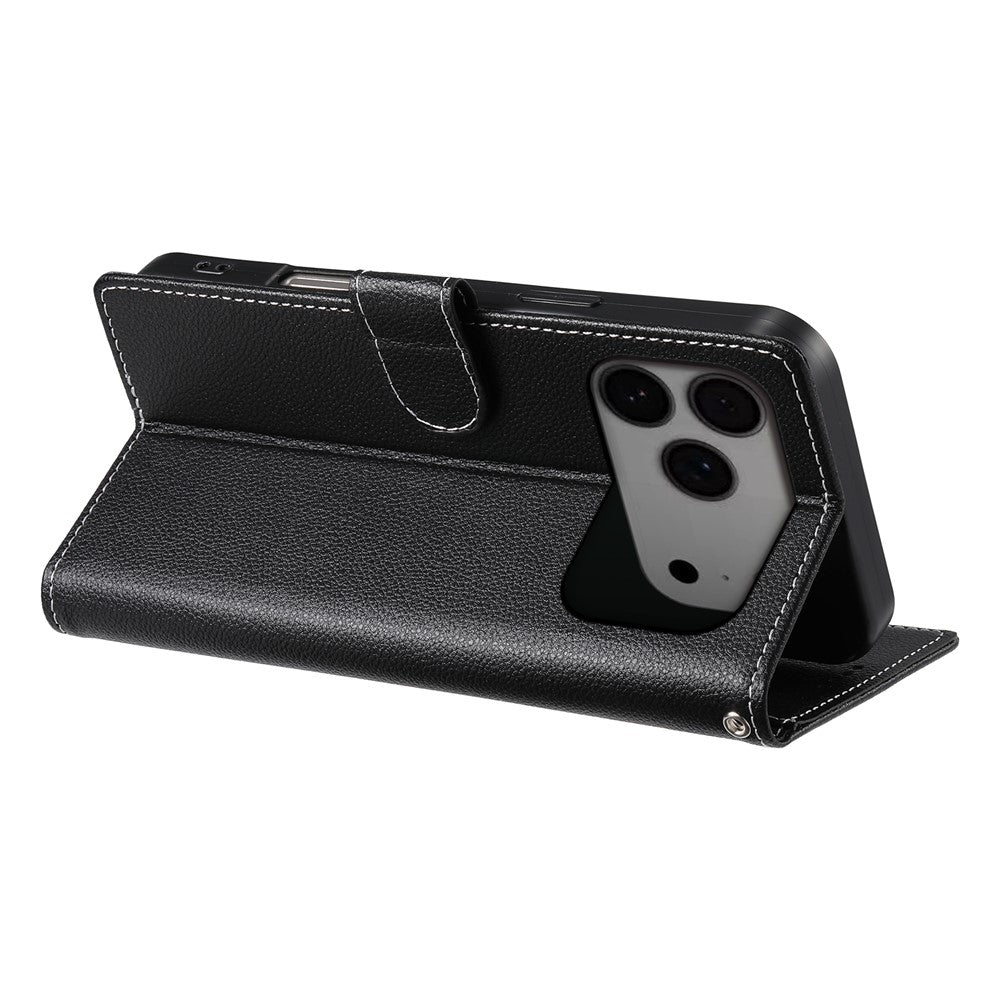 For iPhone 17 Pro Max Case Magnetic Snap Litchi Texture Leather Wallet Phone Cover with Wrist Strap - Black